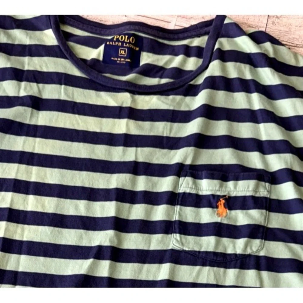 Polo Ralph Lauren Mens XL Striped Pocket T-Shirt Navy Blue Mint Green Pony Logo